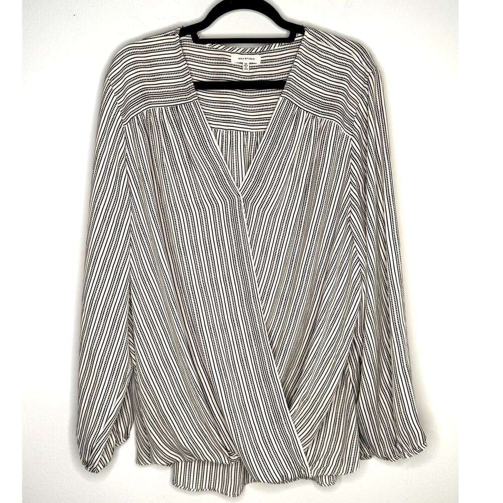 Max Studio Black White Stripe Faux Wrap Elastic Hem Hi Lo Blouse Size 3X